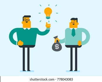 Young caucasian white businessman exchanging his business idea light bulb for money bag. Businessman selling his business idea. Concept of successful idea. Vector cartoon illustration. Square layout.