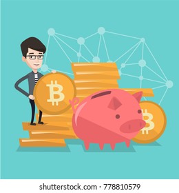 Young caucasian white businessman putting bitcoin coin into piggy bank. Blockchain network technology, initial coin offering, investment and cryptocurrency saving concept. Vector cartoon illustration.