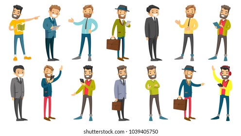 Young caucasian white businessman set. Businessman signing business papers, using mobile phone, listening to music with headphones. Set of vector cartoon illustrations isolated on white background.