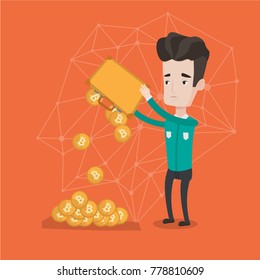 Young caucasian white businessman shaking out bitcoin coins from his briefcase. Blockchain network technology, bitcoin trading and cryptocurrency mining concept. Vector cartoon illustration.