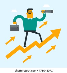 Young caucasian white businessman standing on arrow and using a telescope for searching of business opportunities. Concept of business opportunities. Vector cartoon illustration. Square layout.