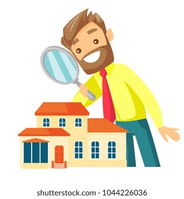 Young caucasian white businessman using a magnifying glass for looking for a new house. Man using a magnifier to check a house. Vector cartoon illustration isolated on white background. Square layout.