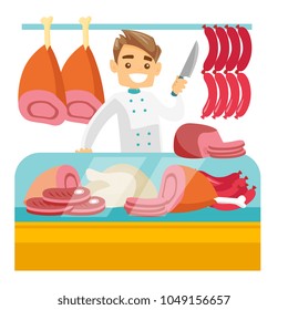 Young caucasian white butcher offering meat in the butchery. Smiling butcher with knife standing at the counter in the butchery. Vector cartoon illustration isolated on white background. Square layout