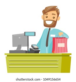 Young caucasian white cashier standing at the checkout and giving purchase. Male cashier handing over shopping bag. Vector cartoon illustration isolated on white background. Square layout.
