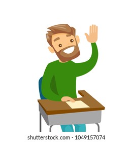 Young caucasian white clever student sitting at the desk and raising hand in the classroom to answer. Student asking a question. Vector cartoon illustration isolated on white background. Square layout