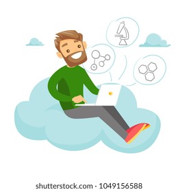 Young caucasian white college student sitting on the cloud with a laptop. Man using cloud computing technologies. Concept of elearning and cloud computing. Vector cartoon illustration. Square layout.