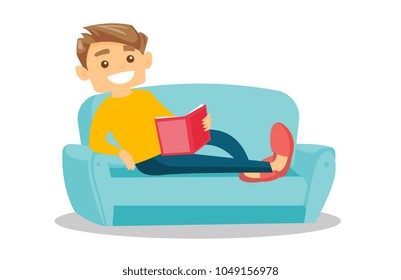 Young caucasian white college student reading a book on a sofa. University student relaxing with book on the couch at home. Vector cartoon illustration isolated on white background. Horizontal layout.