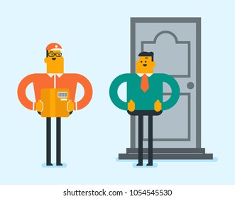 Young caucasian white courier delivering parcel box to the home of customer. Smiling delivery man giving parcel box to recipient. Delivery service concept. Vector cartoon illustration.