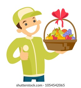 Young caucasian white delivery courier delivering online grocery shopping order to the home of customer. Man receiving food from delivery courier. Vector cartoon illustration. Square layout Caucasian