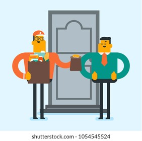 Young caucasian white delivery courier delivering online grocery shopping order to the home of customer. Man receiving food from delivery courier. Vector cartoon illustration. Square layout