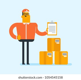 Young caucasian white delivery man checking parcel with the list in clipboard. Man preparing parcel box for dispatch in warehouse. Business service concept. Vector cartoon illustration. Square layout.