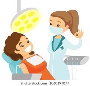 Young caucasian white dentist standing next to the dental chair with a patient and showing ok sign in the dental clinic. Dentistry and tooth care concept. Vector cartoon illustration. Square layout.