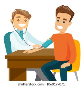 Young Caucasian White Doctor Measuring Arterial Blood Pressure Of Patient At Medical Check Up With A Stethoscope And Blood Pressure Meter. Vector Cartoon Illustration Isolated On White Background.