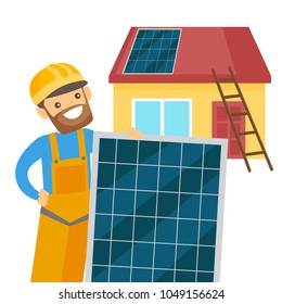 Young caucasian white engineer installing solar panel on the roof. Engineer in hard hat adjusting solar panel. Renewable energy concept. Vector cartoon illustration isolated on white background.
