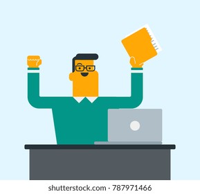 Young caucasian white entrepreneur sitting at the workplace with raised hands and celebrating business success. Business success concept. Vector cartoon illustration. Square layout.