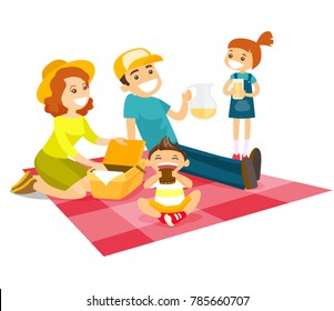 Young caucasian white family having a picnic in the park outdoors. Cheerful parents with their children sitting on the duvet during a picnic in the park. Vector cartoon illustration. Square layout.