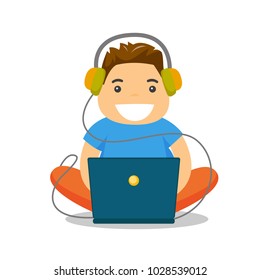 Young Caucasian White Fat Boy In Headphones Playing Video Games On Laptop. Obese Teenage Boy Surfing On Internet On Computer. Vector Cartoon Illustration Isolated On White Background. Square Layout.