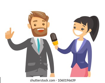 Young caucasian white female reporter with a microphone interviewing a man. Journalist making an interview with businessman. Vector cartoon illustration isolated on white background. Horizontal layout