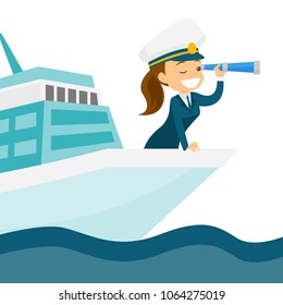 Young caucasian white female ship captain in uniform standing on the bow of the cruise ship and looking through a telescope. Vector cartoon illustration isolated on white background. Square layout.