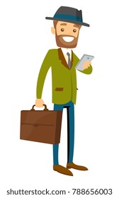 Young Caucasian white formally dressed businessman with briefcase texting or reading message on the smartphone. Vector cartoon illustration isolated on white background.