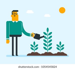 Young caucasian white gardener watering plant with a watering can. Man taking care of growing plant. Concept of environmental protection. Vector cartoon illustration. Square layout.