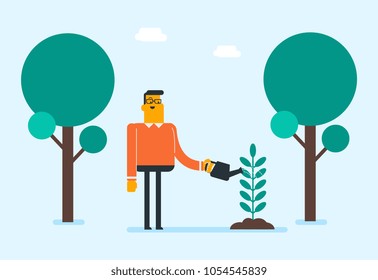 Young caucasian white gardener watering plant with a watering can. Man taking care of growing plant. Concept of environmental protection. Vector cartoon illustration. Horizontal layout.