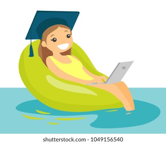 Young caucasian white graduate in graduation cap working on a laptop in the swimming pool. Online education and electronic learning concept. Vector cartoon illustration isolated on white background.