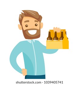 Young caucasian white happy smiling hipster man with beard holding pack of beer. Cheerful man carrying a six pack of beer. Vector cartoon illustration isolated on white background.