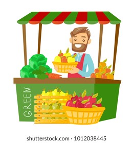 Young caucasian white hipster street seller with beard standing behind market stall with fruit and vegetables and holding basket with apples. Vector cartoon illustration isolated on white background.