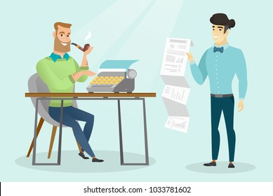 Young caucasian white journalist smoking a pipe and writing an article on a vintage typewriter while his asian colleague stands with document in hand. Vector cartoon illustration. Horizontal layout.