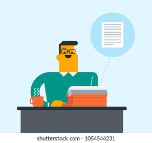 Young caucasian white journalist typing an article on a vintage typewriter and drinking coffee. Cheerful author working on a retro typewriter. Vector cartoon illustration. Square layout.