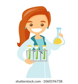 Young caucasian white laboratory assistant holding test tubes and beaker. Scientist analyzing samples in test tubes. Vector cartoon illustration isolated on white background. Square layout.