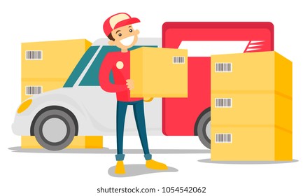 Young caucasian white male courier holding parcel box on the background of postal truck. Delivery man in red uniform carrying cardboard box. Delivery service concept. Vector cartoon illustration.