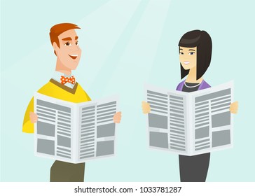 Young caucasian white man and asian woman reading good news in newspapers. Business people standing with newspapers in hands. Media concept. Vector cartoon illustration. Horizontal layout.