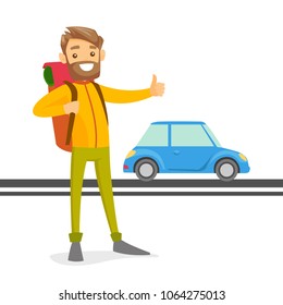 Young caucasian white man with a backpack holding thumb up to catch a taxi car. Hipster hitchhiking man trying to stop a taxi car on a highway. Vector cartoon illustration isolated on white background