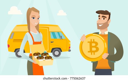 Young caucasian white man with a bitcoin coin and baker with box of cupcakes standing on the background of delivery truck. Concept of payment by bitcoin in retail sphere. Vector cartoon illustration.