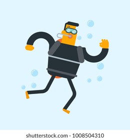 Young caucasian white man in diving suit and fins swimming underwater with scuba and showing ok sign. Man enjoying the dive. Vector cartoon illustration. Square layout.