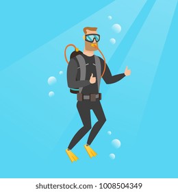 Young caucasian white man in diving suit swimming underwater with scuba and showing thumb up. Happy scuba diver giving thumb up. Man enjoying the dive. Vector cartoon illustration. Square layout.