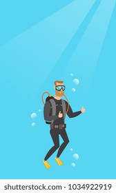 Young caucasian white man in diving suit swimming underwater with scuba and showing thumb up. Happy scuba diver giving thumb up. Man enjoying the dive. Vector cartoon illustration. Vertical layout.