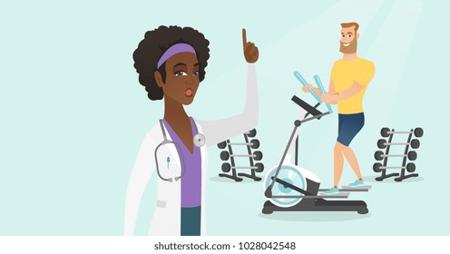 Young caucasian white man doing exercises on elliptical trainer and african doctor pointing finger up because she is impressed by his medical indicators during examination. Vector cartoon illustration