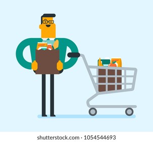 Young caucasian white man doing shopping at the grocery shop. Man walking with supermarket shopping trolley and bag full of grocery purchases. Vector cartoon illustration. Square layout.