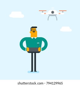 Young caucasian white man flying drone with a remote control. Cheerful man playing with a drone. Vector cartoon illustration. Square layout.