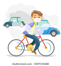 Young caucasian white man in gas mask riding a bicycle on the background of car with co2 emissions. Toxic air pollution concept. Vector cartoon illustration isolated on white background. Square layout