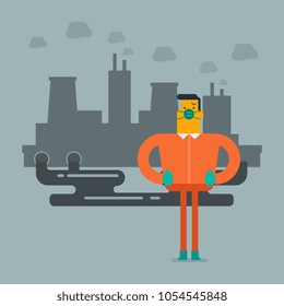 Young caucasian white man in gas mask standing on the background of nuclear power plant with smoking towers. Contamination of the environment concept. Vector cartoon illustration. Square layout.