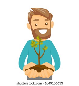 Young caucasian white man holding green small plant with soil in hands. Ecology and green energy concept. Vector cartoon illustration isolated on white background. Square layout.