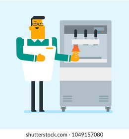 Young caucasian white man holding waffle cone with twisted ice cream from machine. Confectioner in chef uniform producing ice cream at the factory. Vector cartoon illustration. Square layout.