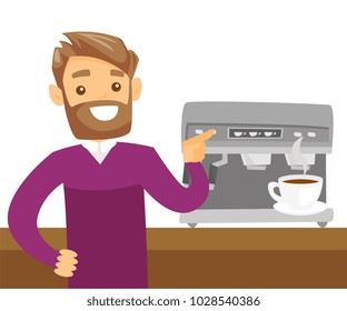 Young caucasian white man making coffee with a coffee-machine. Man standing next to the coffee machine with a cup of hot coffee. Vector cartoon illustration isolated on white background. Square layout