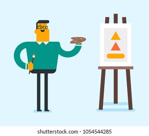 Young caucasian white man painting a picture on canvas. Happy smiling artist working on a picture on an easel with brush and watercolor. Concept of art. Vector cartoon illustration.