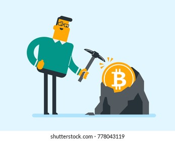 Young caucasian white man with pickaxe working in bitcoin mine. Concept of bitcoin mining, blockchain network technology, initial coin offering and cryptocurrency tokens. Vector cartoon illustration.