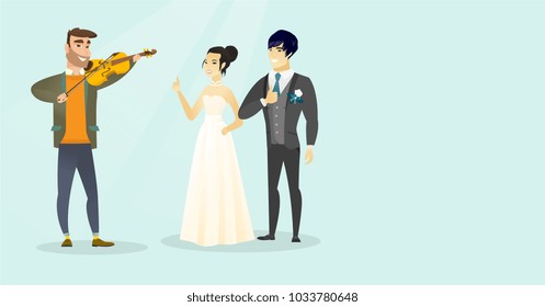 Young caucasian white man playing the violin for asian newlyweds and cheerful bridegroom in a wedding suit and bride in white dress giving thumb up. Vector cartoon illustration. Horizontal layout.